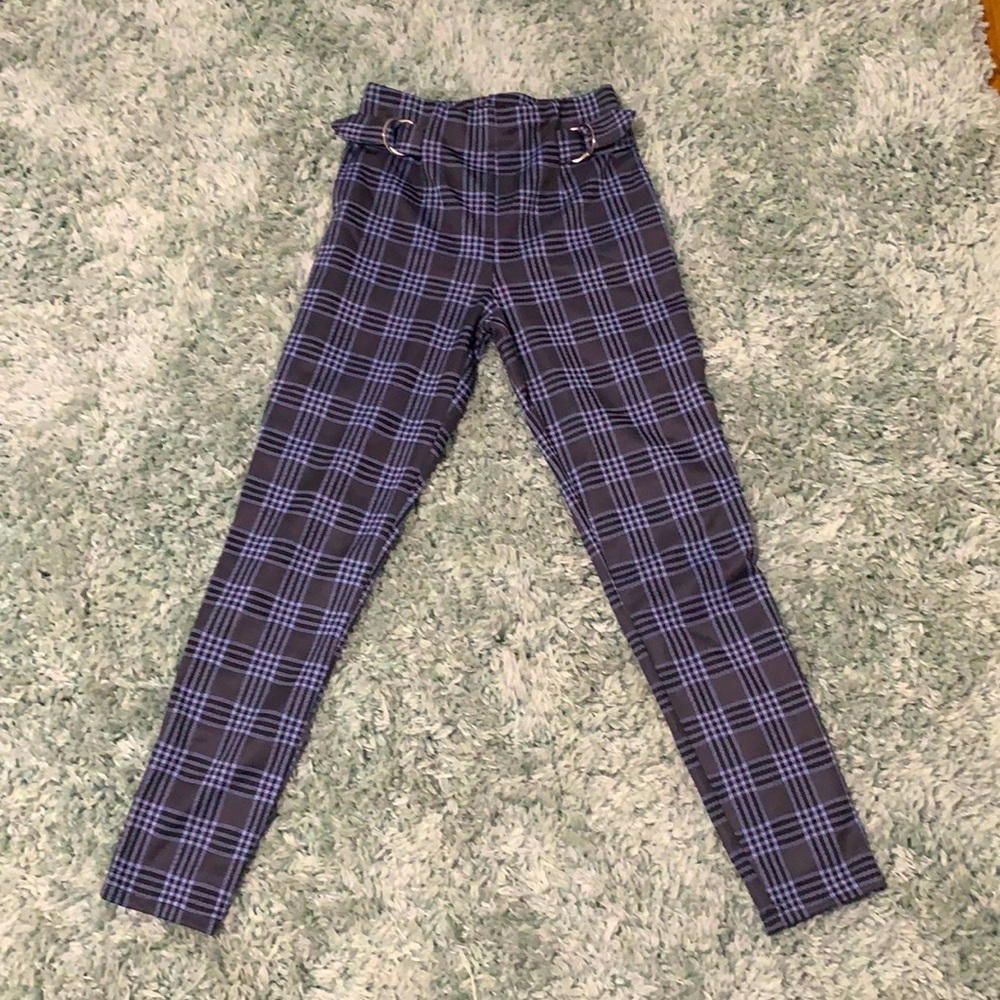 Blue and black Plaid dress pants with Metal buckles